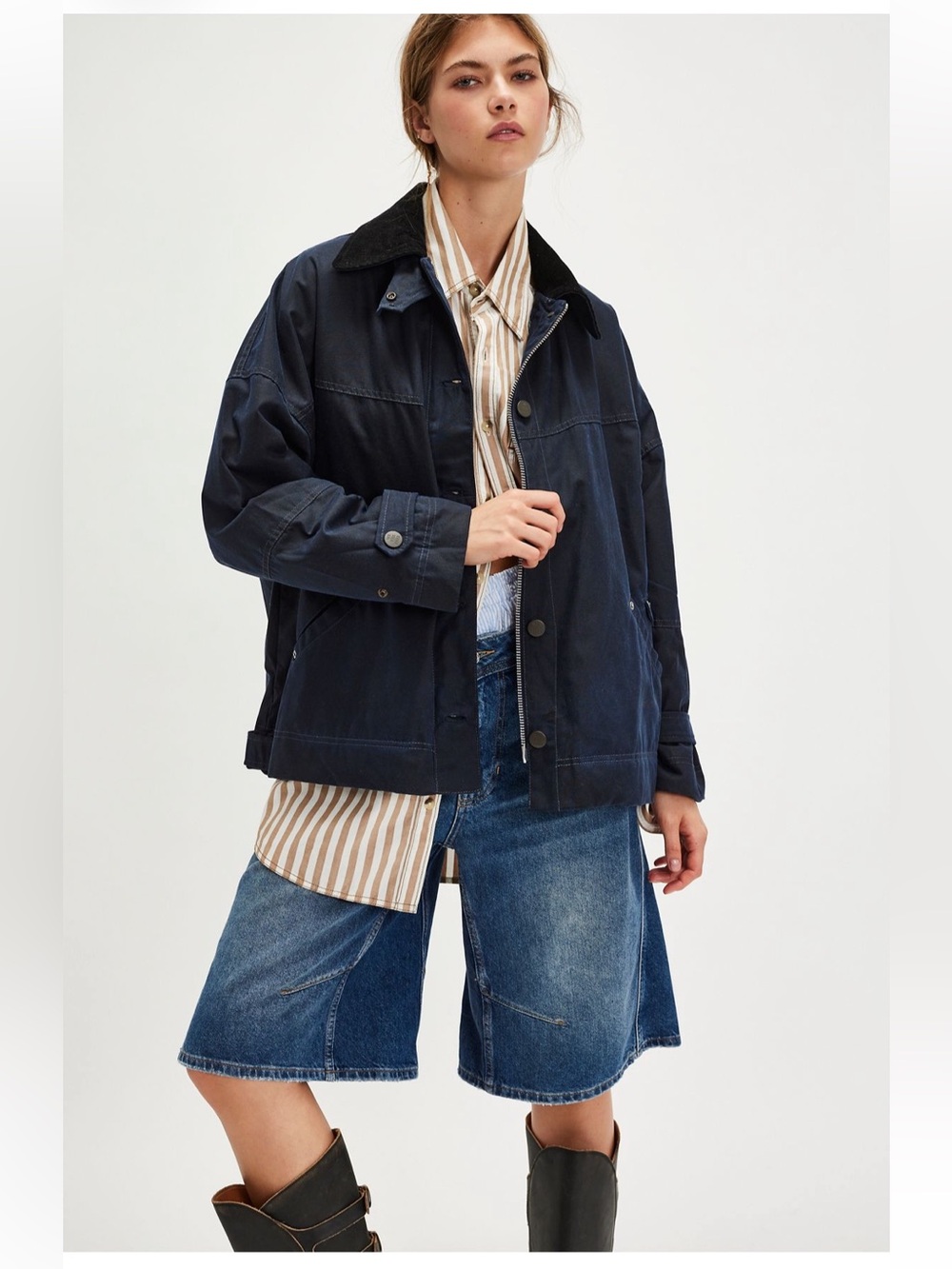 Free People Navy Utility Jacket with Black Cord Collar